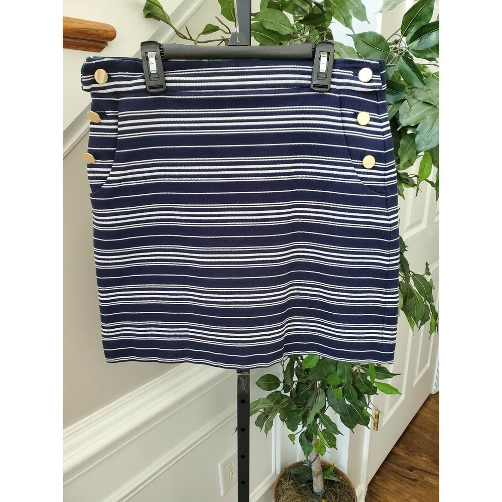 Loft Women Blue and White Striped Cotton Buttons Front Pencil Skirt‎ Size 6